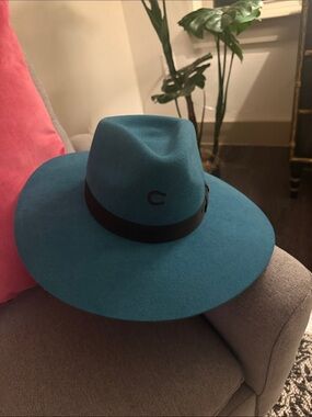 Teal Wide-Brim Felt Fedora Hat with Black Band